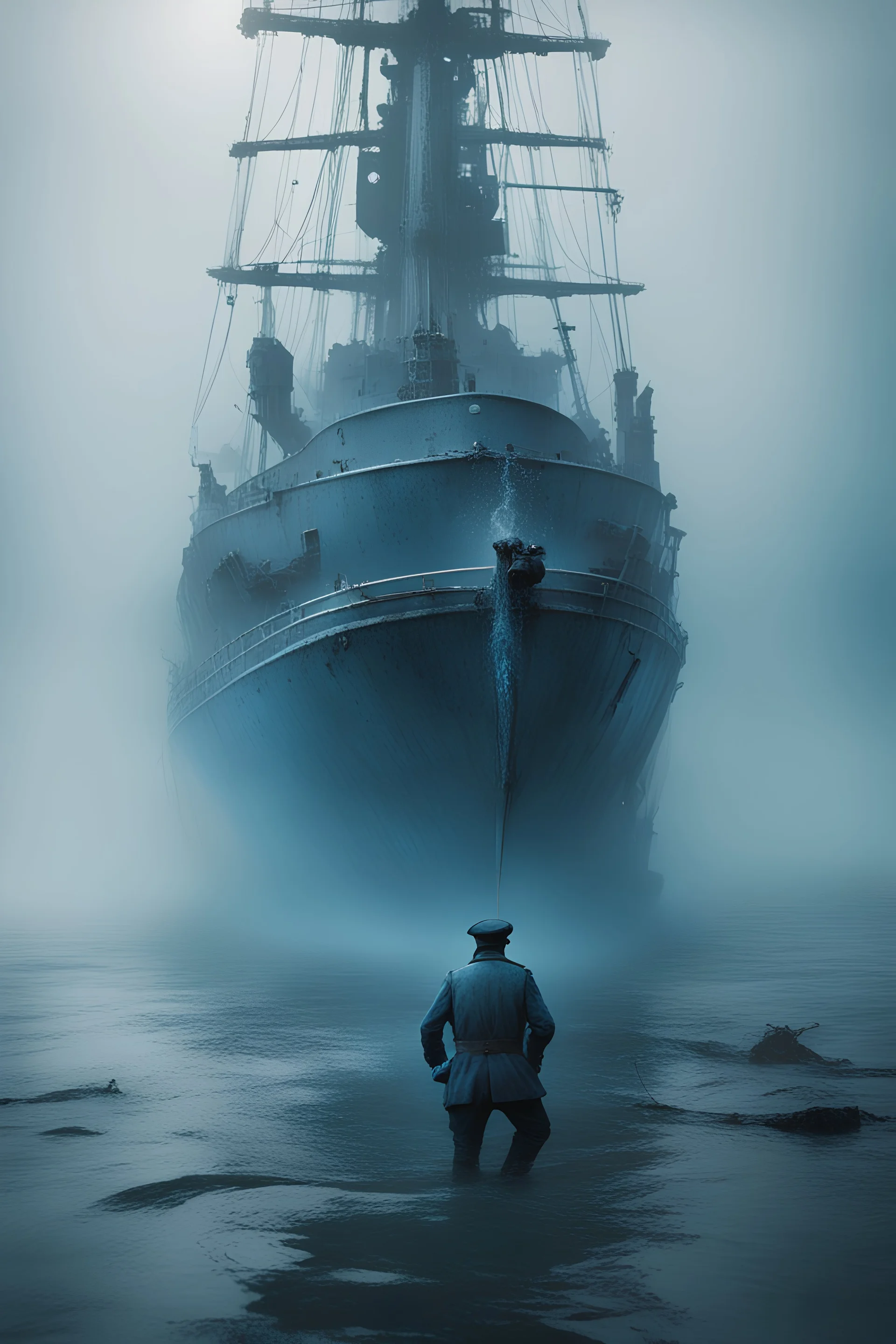 A ghostly ship captain standing in water up to his knees surrounded by a ghostly blue mist. A wrecked Raleigh burke destroyer is seen in the background.