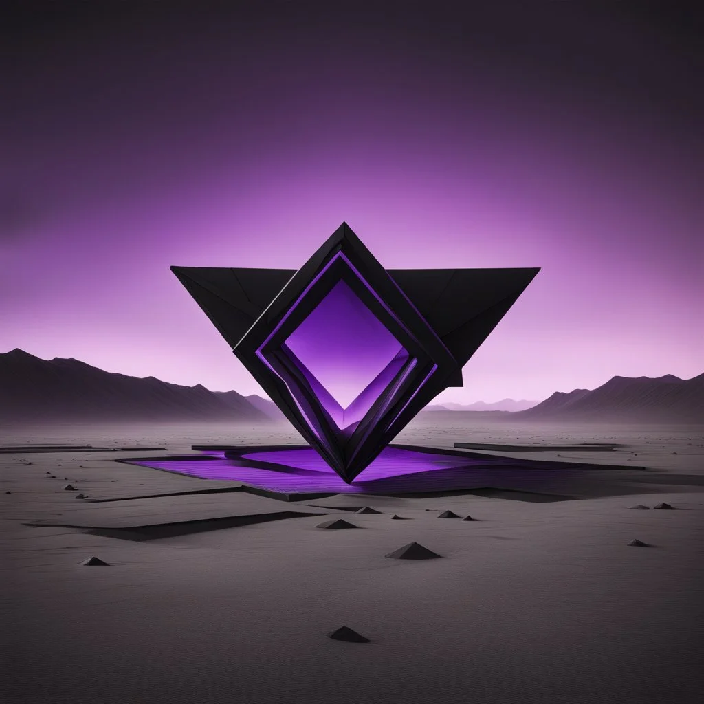 a large dark black rhombus structure with a neon purple outline floating over a desolate monochrome landscape