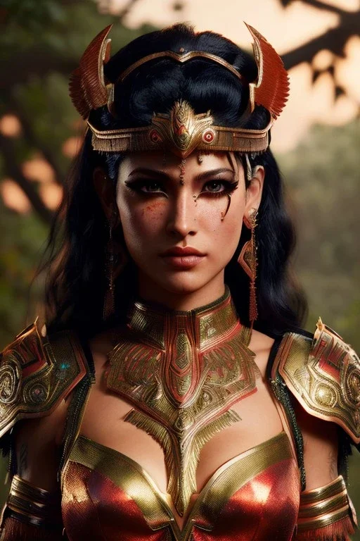 Amazon warrior, waist up portrait, 8k resolution, intricate details, ornate details, soft lighting, vibrant colors, retroanime, masterpiece, intricate eyeliner, dark eyeshadow, eyes, wild hair, intricate tattoos