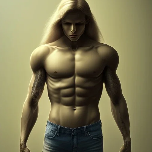 man with long blond hair, full body, drama setting, unreal photo, harsh lighting