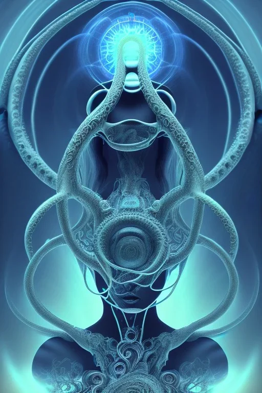 Spiritual being with Tentacles over human Head creating reality around, wrapping Spiral around Human, Psychedelic