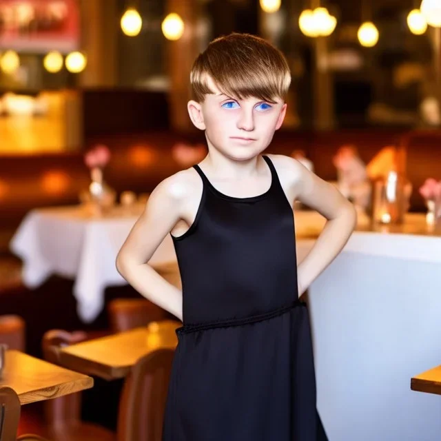 Russian tomboy boyish boylike short man's haircut boyish features in black girlish nightgown in restaurant