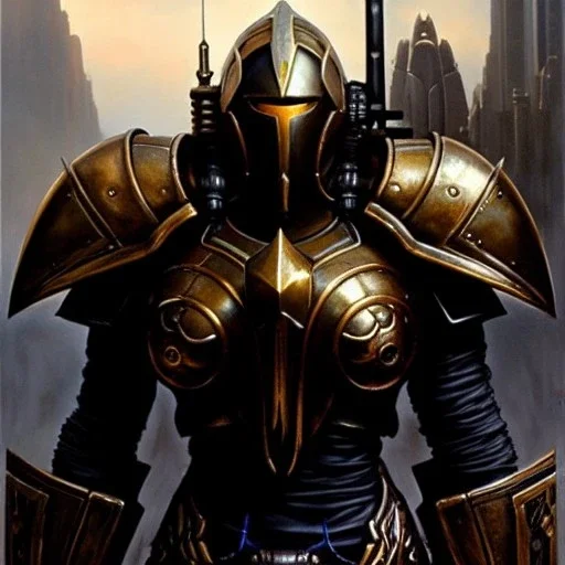 portrait 'Sentry-Starcraft' ancient metal armor ,painting by gaston bussiere, greg rutkowski, yoji shinkawa, yoshitaka amano, tsutomu nihei, donato giancola, tim hildebrandt, oil on canvas, cinematic composition, extreme detail,fit full head inside picture,16k