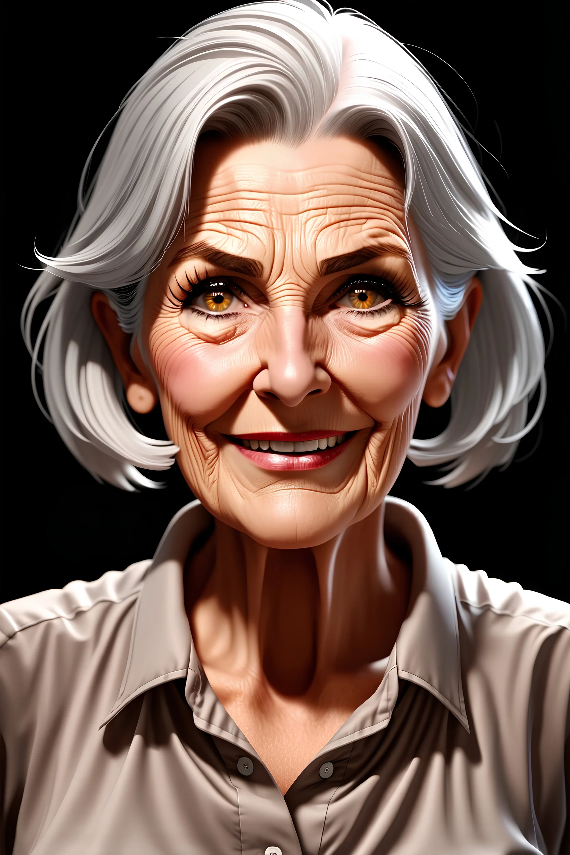 Portrait, best quality, realistic, photo-realistic, masterpiece, semi realistic, extremly detailed eyes and face, a older woman with wrinkles. She has brown eyes, a round face and white hair. She has a warm smile and is wearing a shirt.