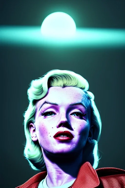 Ultra Realistic retro sci-fi image, portrait, blonde woman, sweet young Marilyn Monroe face, perfect iris, tight latex coat, Strange planet background, Retro sci-fi style helmet, fog, rain, soft color, highly detailed, unreal engine 5, ray tracing, RTX, lumen lighting, ultra detail, volumetric lighting, 3d, finely drawn, high definition, high resolution.