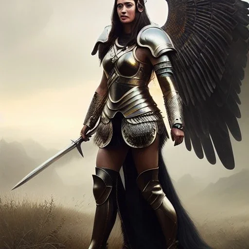 a beautiful (full body)portrait oil on canvas portrait of a valkyrie wear armor helmet with detail eyes by Greg Rutkowski and Raymond Swanland, ultra realistic digital art, hyperdetailed intricate, castle