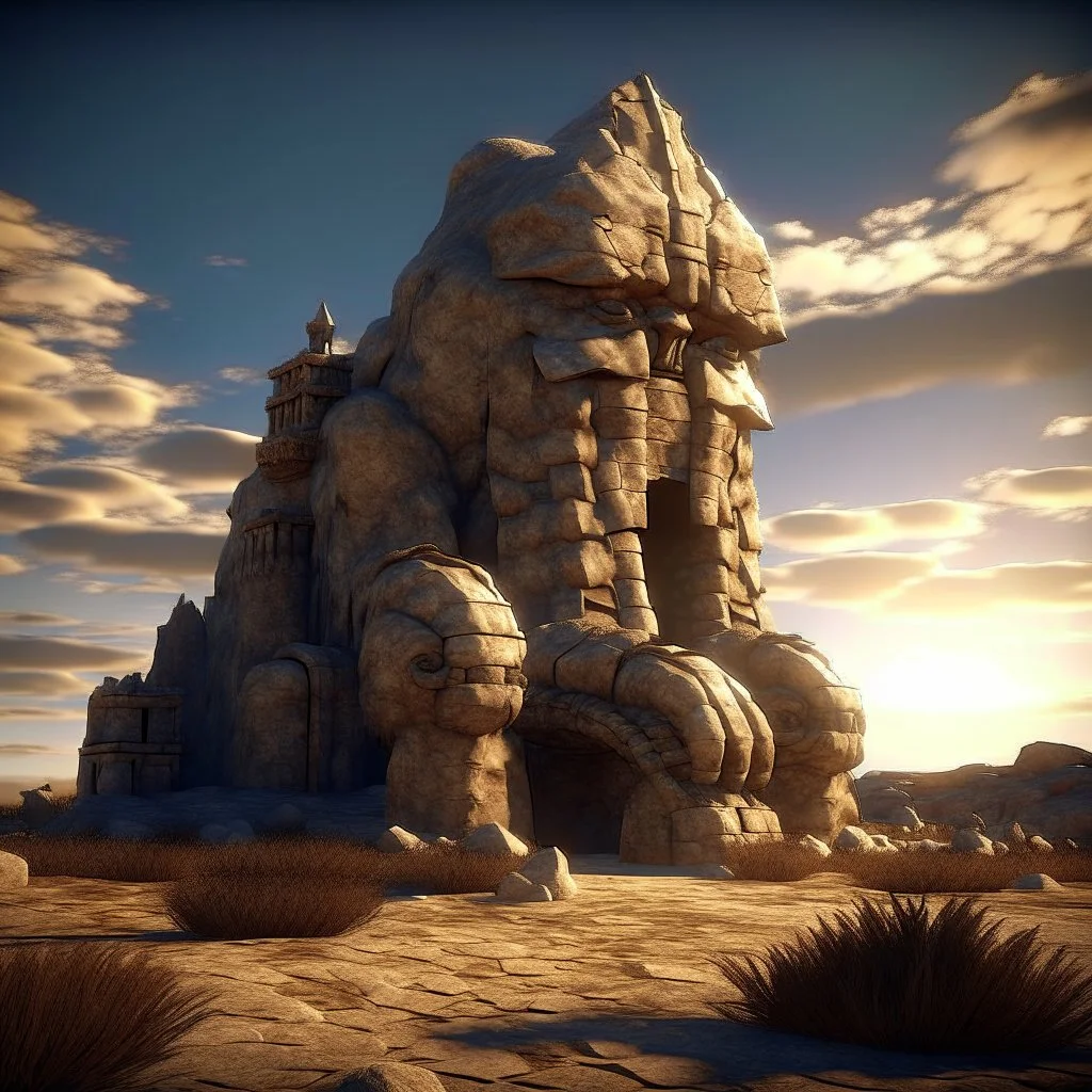 imposing stone giant in the wind in castle in the desert in evening, photo-realistic, shot on Hasselblad h6d-400c, zeiss prime lens, bokeh like f/0.8, tilt-shift lens 8k, high detail, smooth render, down-light, unreal engine, downlight