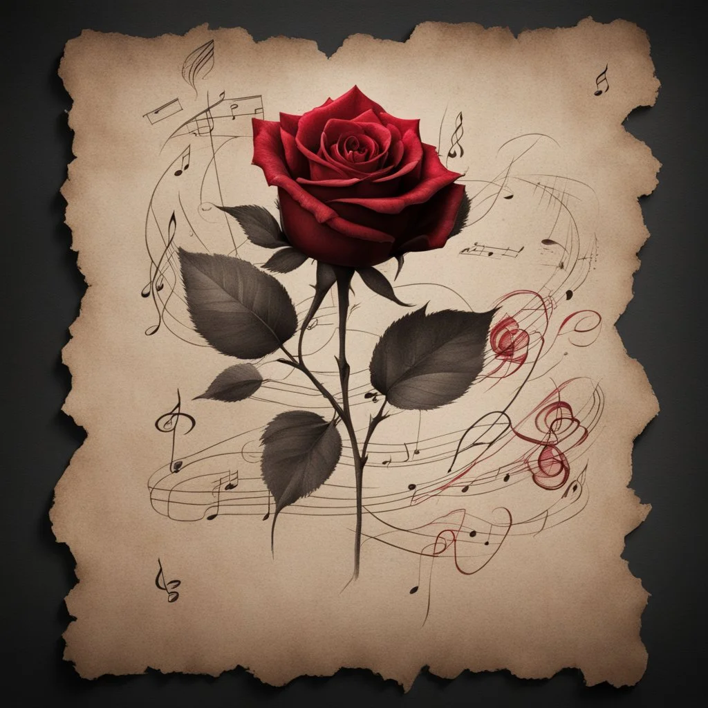 Hyper realistic sketch of a small red rose & musical notes on a vintage paper on side with dark background