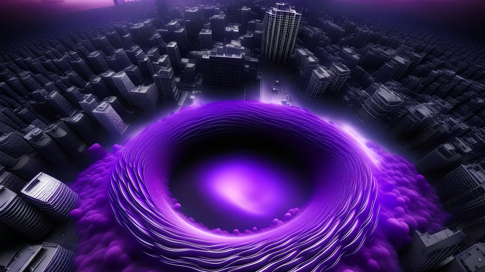 A purple vortex in the middle of a city, sucking everything into it, wide shot