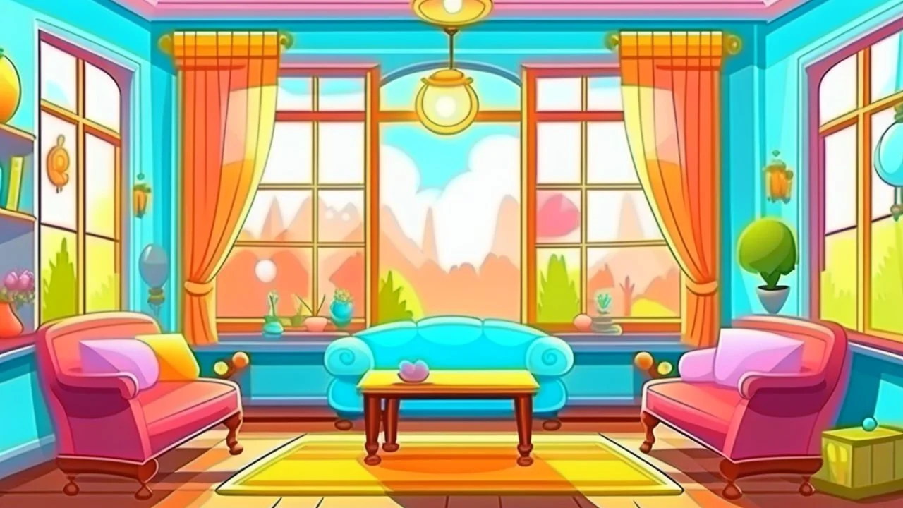 Fantasy cartoon illustration: Cute living room with a large window.