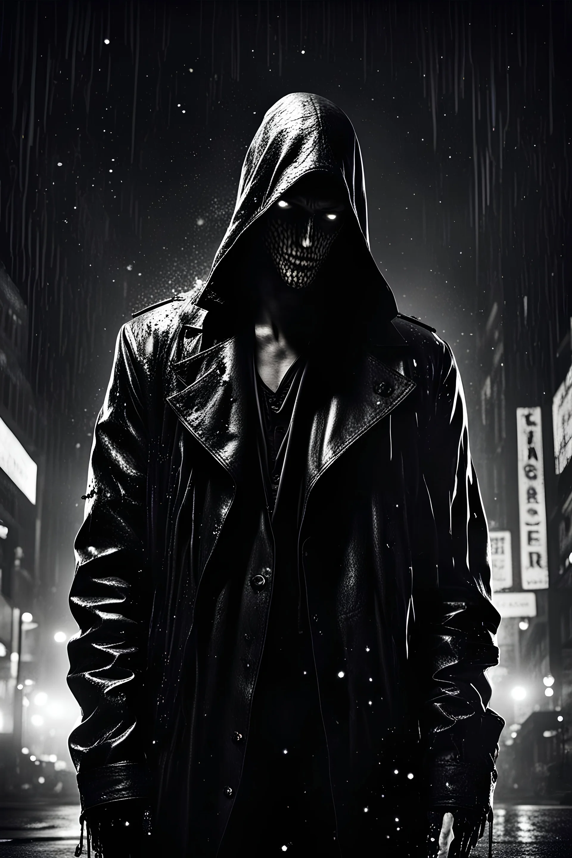 Sin city, killer dripping blood, night full of stars, savage, Alone, mysterious, hidden face, clam and relaxed, killer, leather long coat, male