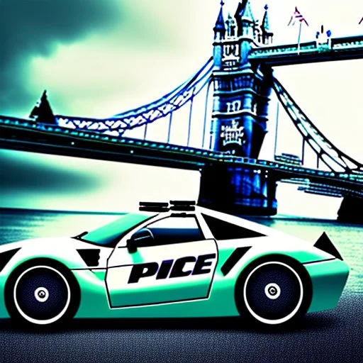 A police Tesla Cybertruck is chasing a Tesla 'Model S Plaid' at top speed, by the 'Tower Bridge', in London. CINEMATIC. WIDE ANGLE LENS.