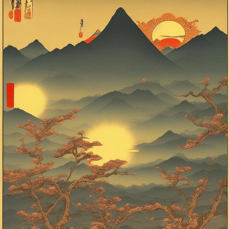 Ukiyo-e, mountains, sun