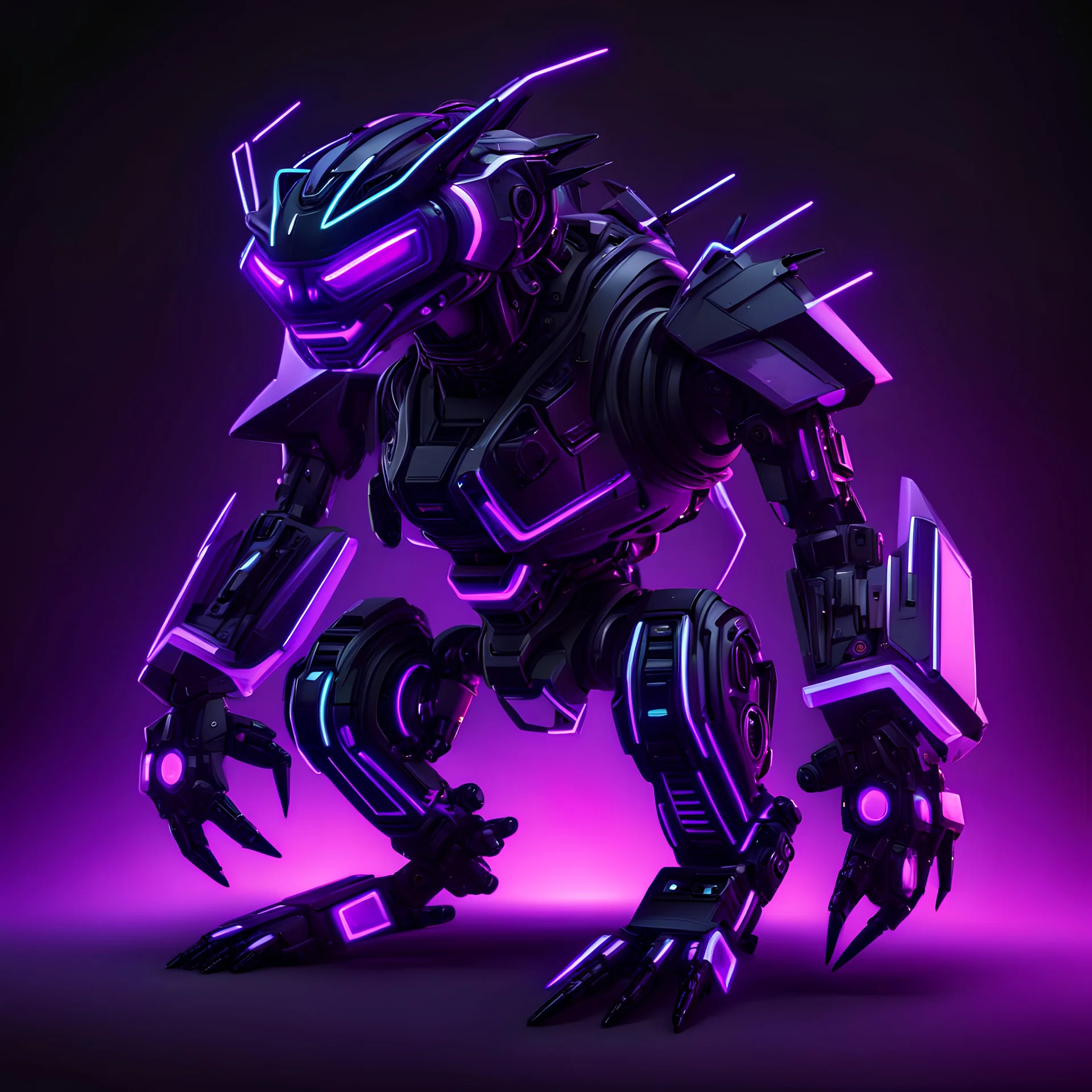 black and purple neon quadrupedal menacing looking geometric robot