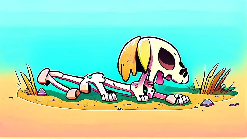 chibi-style bony animal bones, big ribs pointing up, lying on the ground, cartoony, colorful, exaggerated, simplified,