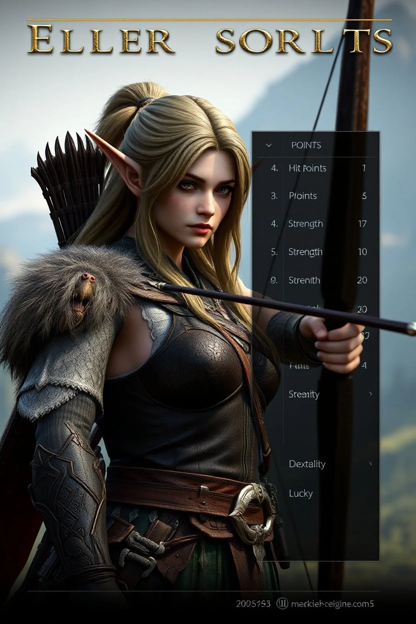 Unreal engine 5, Elder Scrolls aesthetic, RPG video game character creation screen, female Elven archer with statistics in a vertical menu bar, "Hit Points", "EXP Points", "Strength", "Dexterity", "Luck", modern video game textures, sword and sorcery video game character