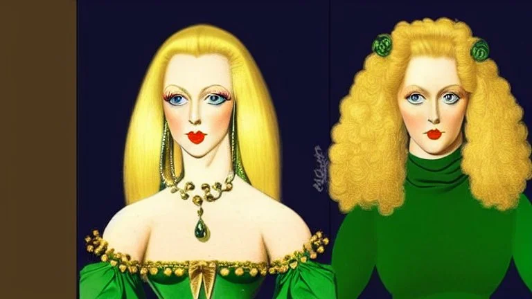 A woman who had green eyes and long blond hair that she wore in elaborate coiffures. Being known as someone at the height of fashion, prior to her disappearance, she favored wearing green and golden outfits to match her physical features.