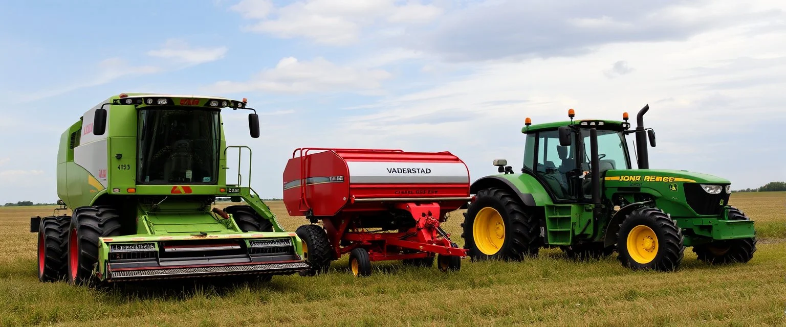 Parked at the edge of a field is a Claas brand Combine(left) Vaderstad Seeder(middle, red) and a John Deere Tractor(right) simplified