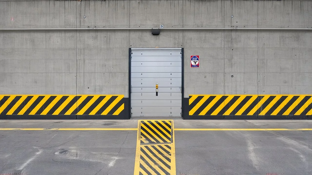 wall design for parking garage, concrete, yellow marking lines, hazard lines, weathering and water stains, realistic steel doors in middle with a sign is above. rough painted hashmarks and parking lines, add signage found in a parking garage.