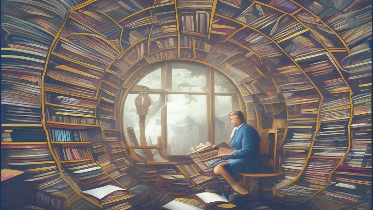 Description of the image: An image representing a person engaged in focused reading and learning, with books and articles spread out in front of them, symbolizing dedication to continuous learning and self-improvement.