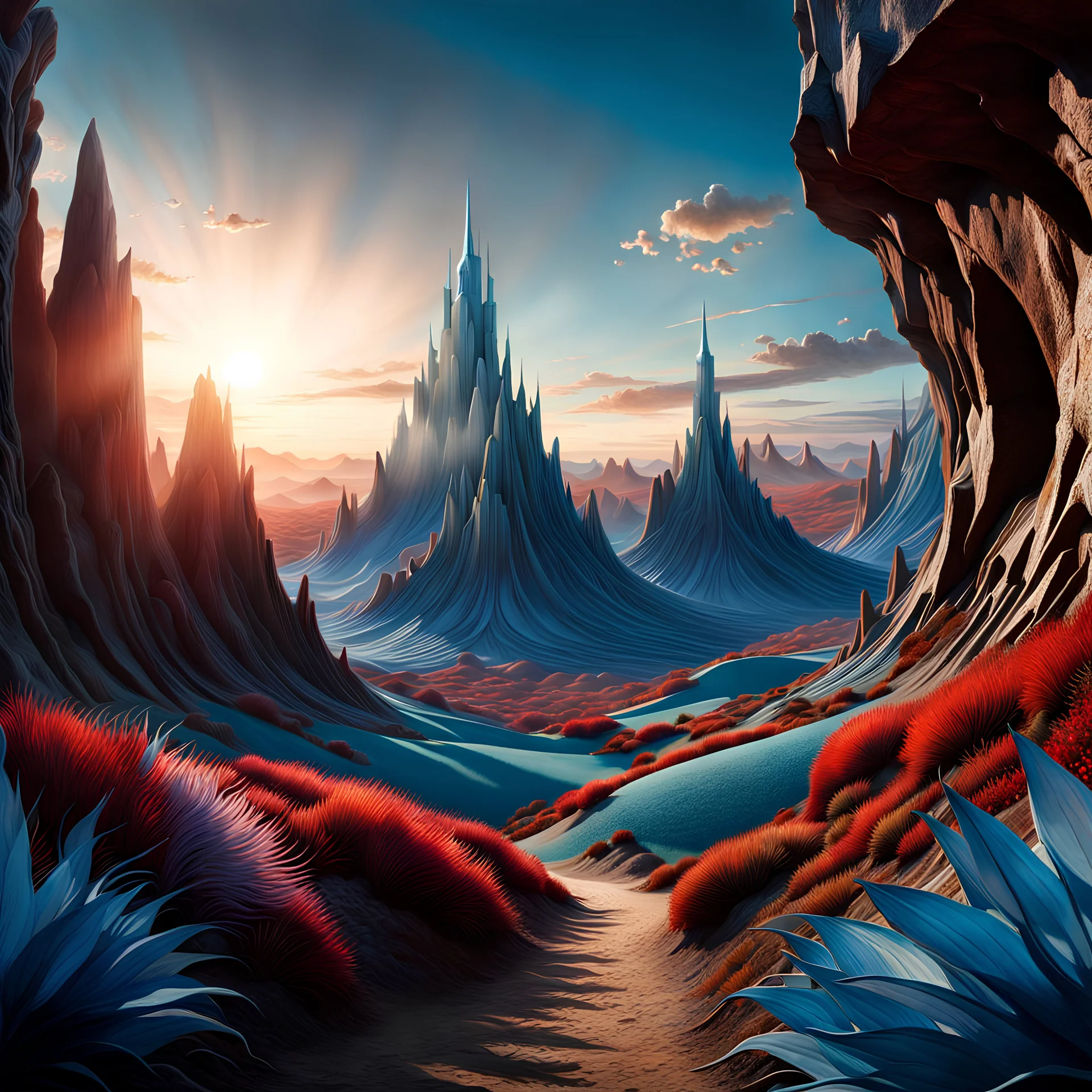 Photograph realistic detailed movie shot of a landscape background by denis villeneuve, amano, yves tanguy, alphonse mucha, ernst haeckel, max ernst, roger dean, masterpiece, rich moody colours, dog teeth, blue eyes, sunrise, strong texture, extreme detail, intricate, strong colours, bas-relief, high resolution, volumetric light, 8k, 3d, cinematic, rich moody colors, sparkles, blue eyes, octane render, 55mm photography, 8k, sharp focus, volumetric light, ZBrush, architecture by henri rousseau