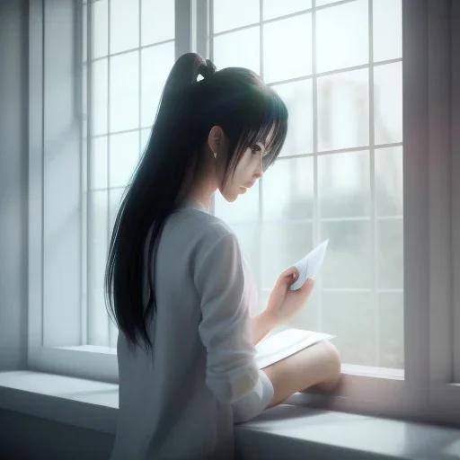 female student studying by the window, anime style,perfect face, cool face, unreal engine 5, cinema4d, sun light, studio lighting --ar 1:1 --v 4