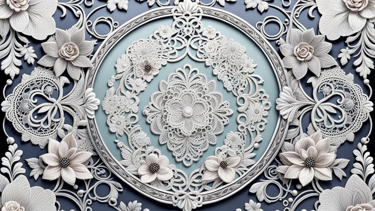 combination of different vintage lace with floral and plants ornament silver metallic threads circles and bubbles, pastel colors lacy border unique elegant, high detailed, sharp focuses, photorealistic, masterpiece