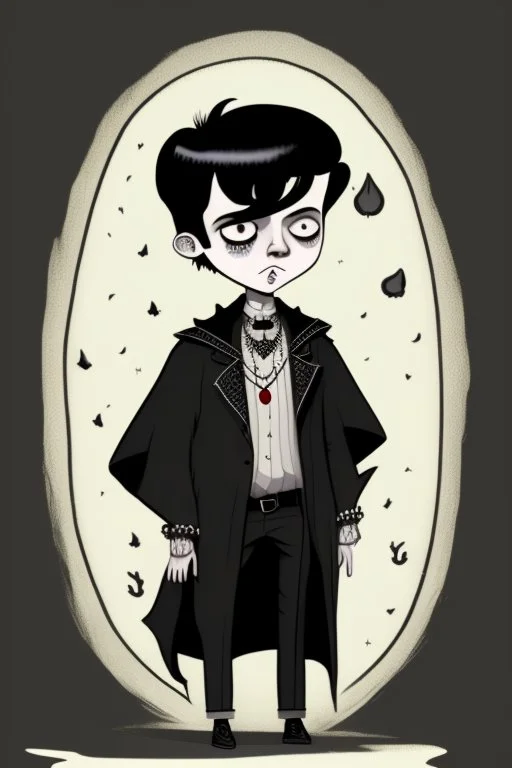 black haired young man wizard with gothic jewelry in the style of charles addams