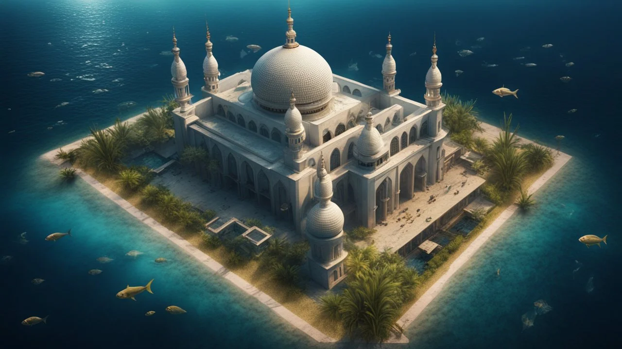 Hyper Realistic Aerial View of a Huge-Mosque sank deep within an ocean with lots of fishes & ocean-grass around at night with dramatic-&-cinematic-ambiance