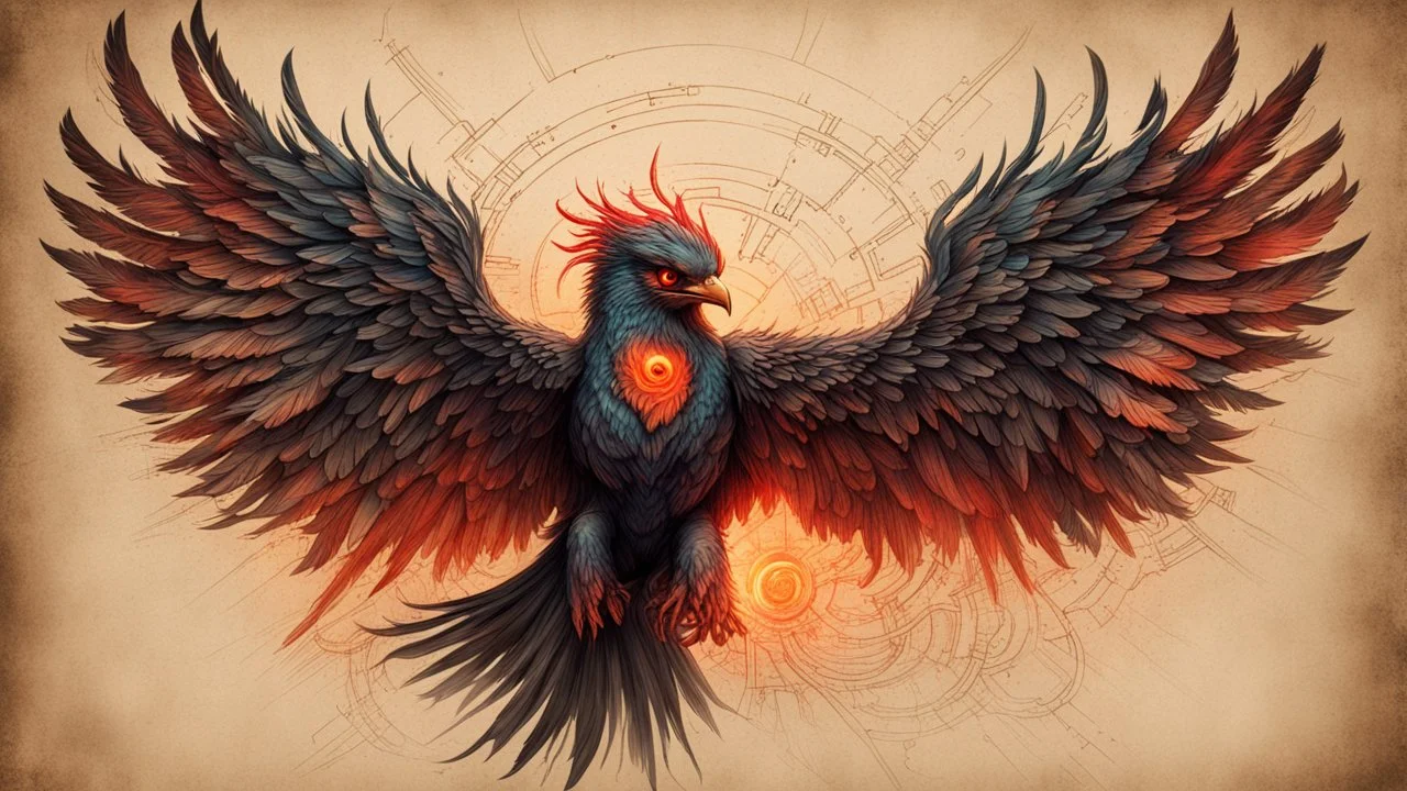 Hyper Realistic colored-sketch of Cyberpunk-Phoenix with glowing red eyes & golden-wings-&-feathers on a vintage-old-paper