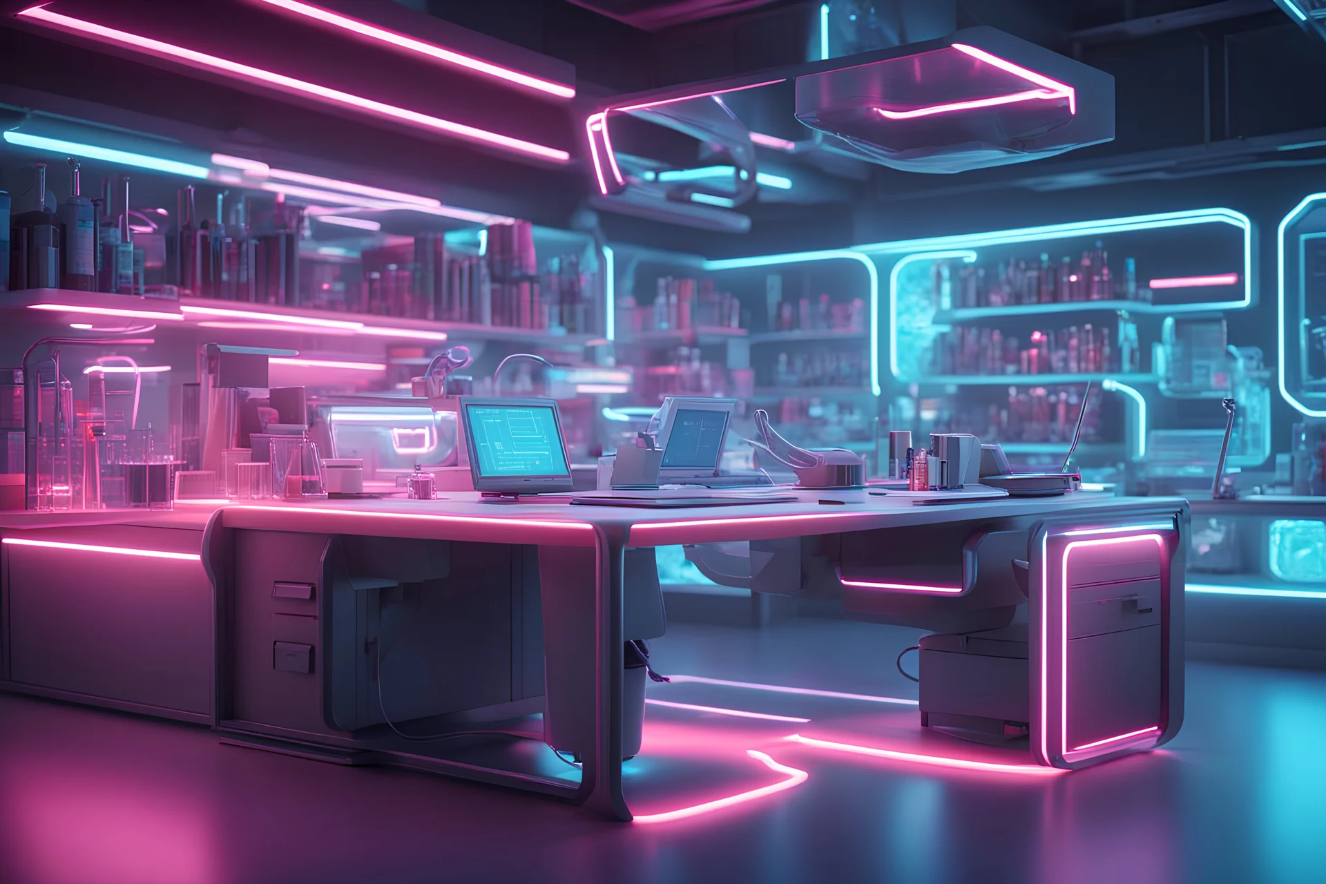 detail shot desk laboratory, futuristic, hyperrealistic 16k, 3d rendering, expressively detailed, dynamic light, neon lighting,