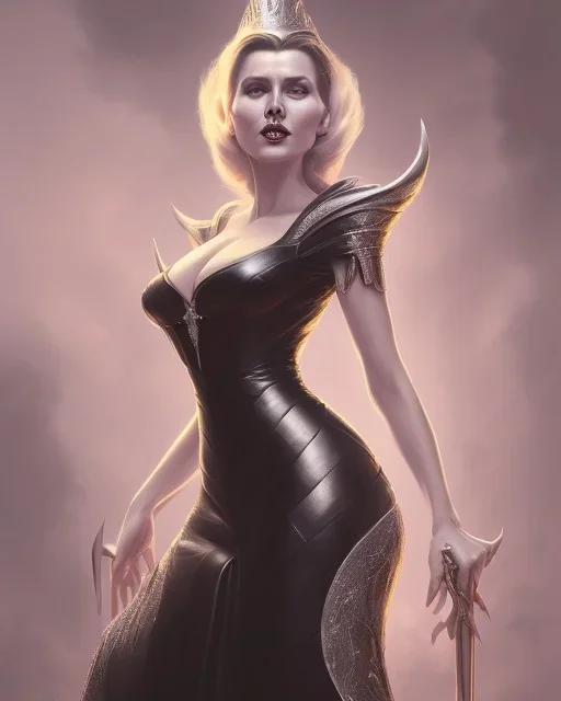 old evil queen in black leather gown, femme fatale, volouptous, busty, cleavage, angry, emperious, 8k resolution concept art portrait by Greg Rutkowski,