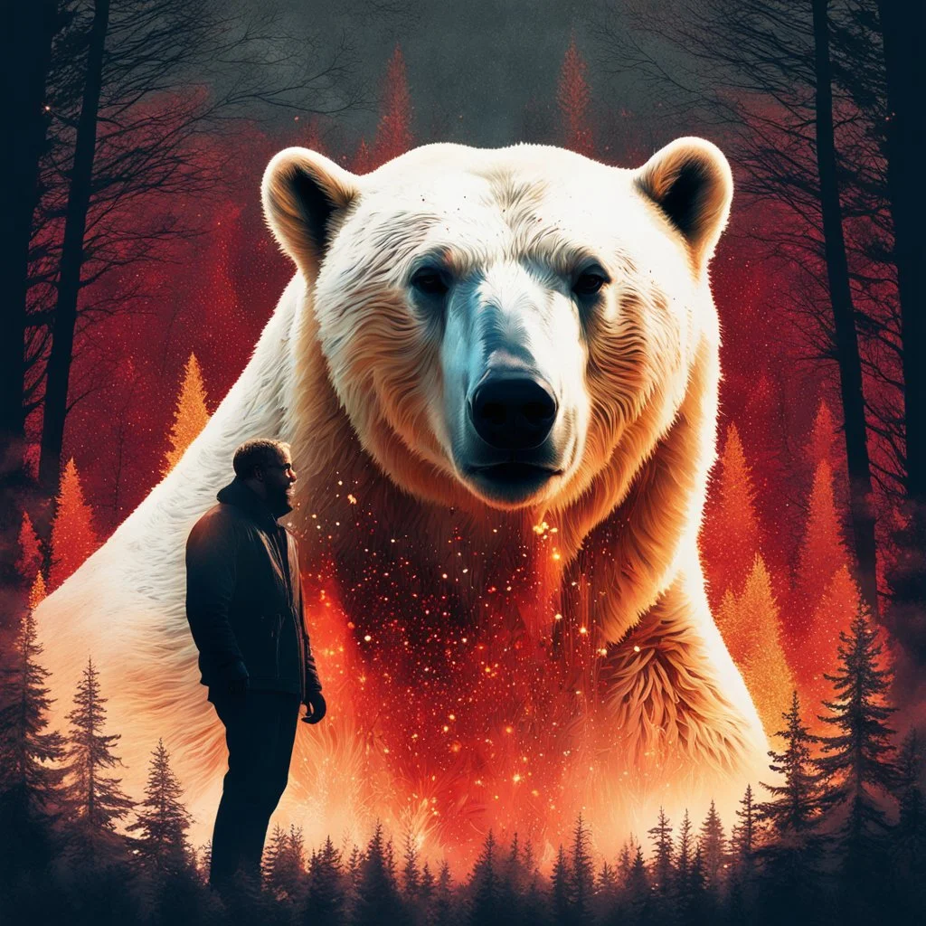 Double exposure photo layer of 2/3 portrait of a Polar Bear vs Sunrise over a burning forest. Colorful with lots of crimson and gold. Stars. Crystals. Light particles. Artistic and Beautiful. Andreas Lie. Luke Gram. Brandon Kidwell, Dan Mountford. Trending on Artstation. Sharp focus. Vibrant. Dark and moody