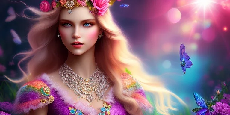 bright fairy, beautiful portrait, flowery landscape