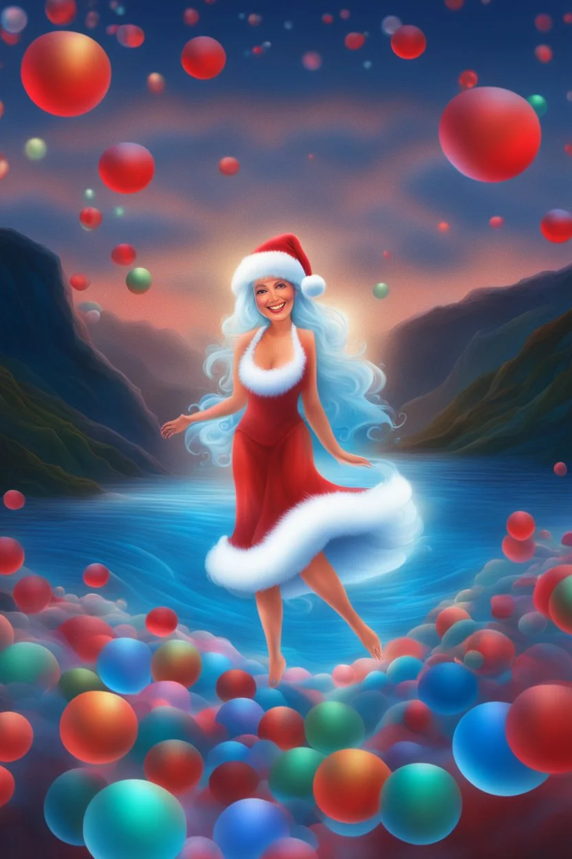 Christmas Themed -- text "Merry Christmas," Multicolored 3D Bubbles, multicolored, Floating 3D hearts with an electrical current, fog, clouds, somber, ghostly mountain peaks, a flowing river of volcanic Lava, fireflies, a close-up, portrait of an Mrs. Santa Claus, smiling a big bright happy smile, wearing a red bikini with white ruffles, black fishnet stockings, black, knee-high platform boots, in the art style of Boris Vallejo