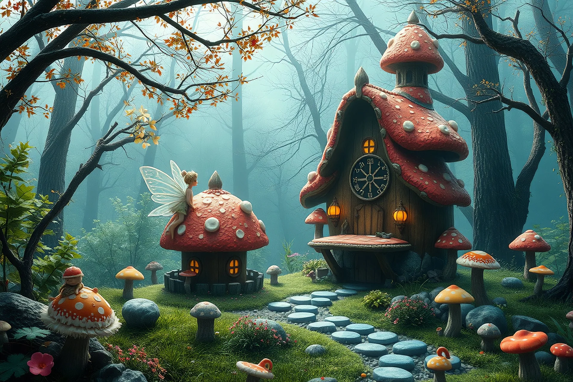 A fairy in a mushroom forest village