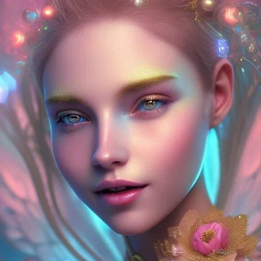 fairy, pink, blue, beautiful, happy smile, gold, jewels, hyperrealism, masterpiece, expert, cinematic lighting, sharp focus, 8K, pastel, macro lens, woman, detailed, flower