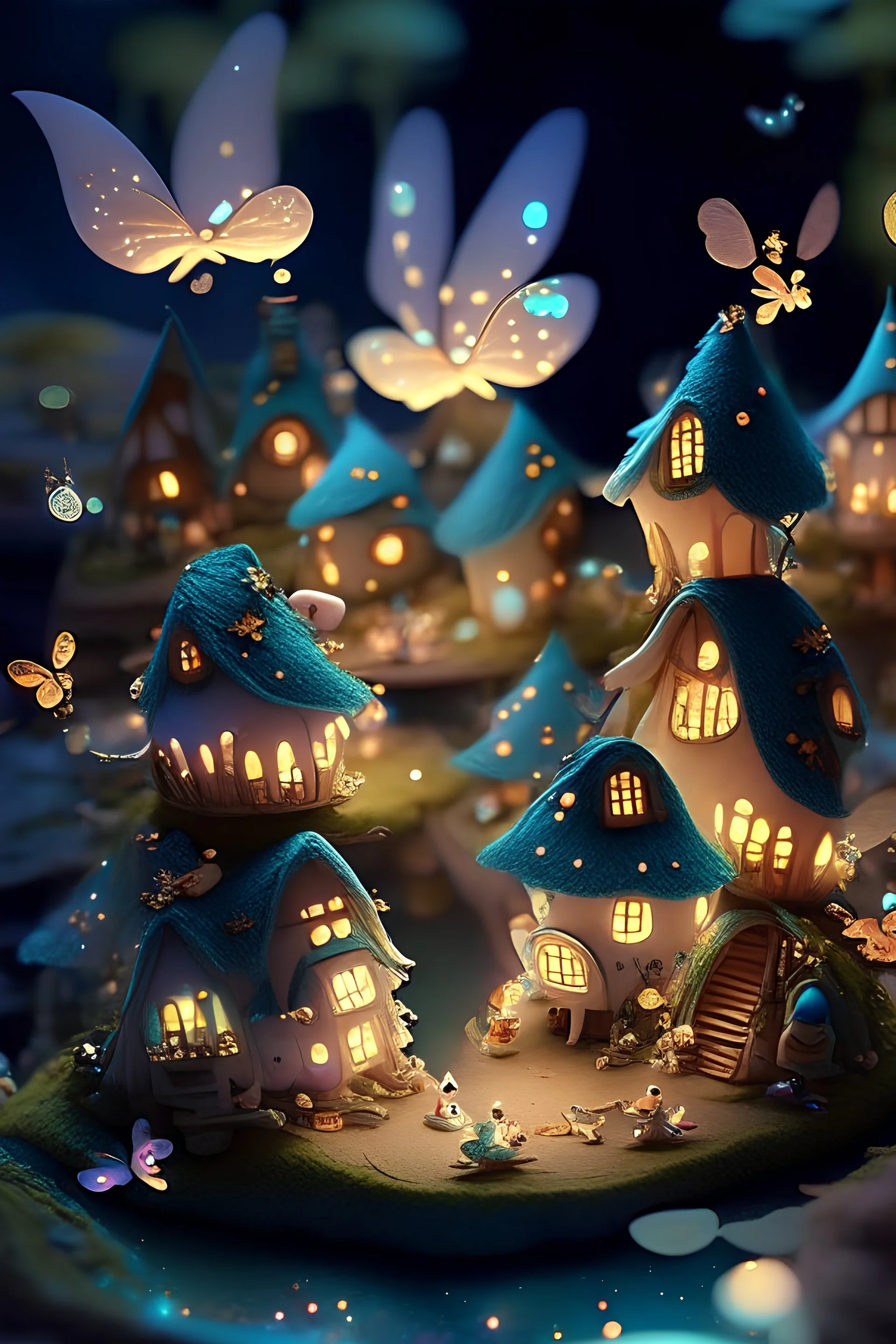 A small fairy village with tiny fairies flying around