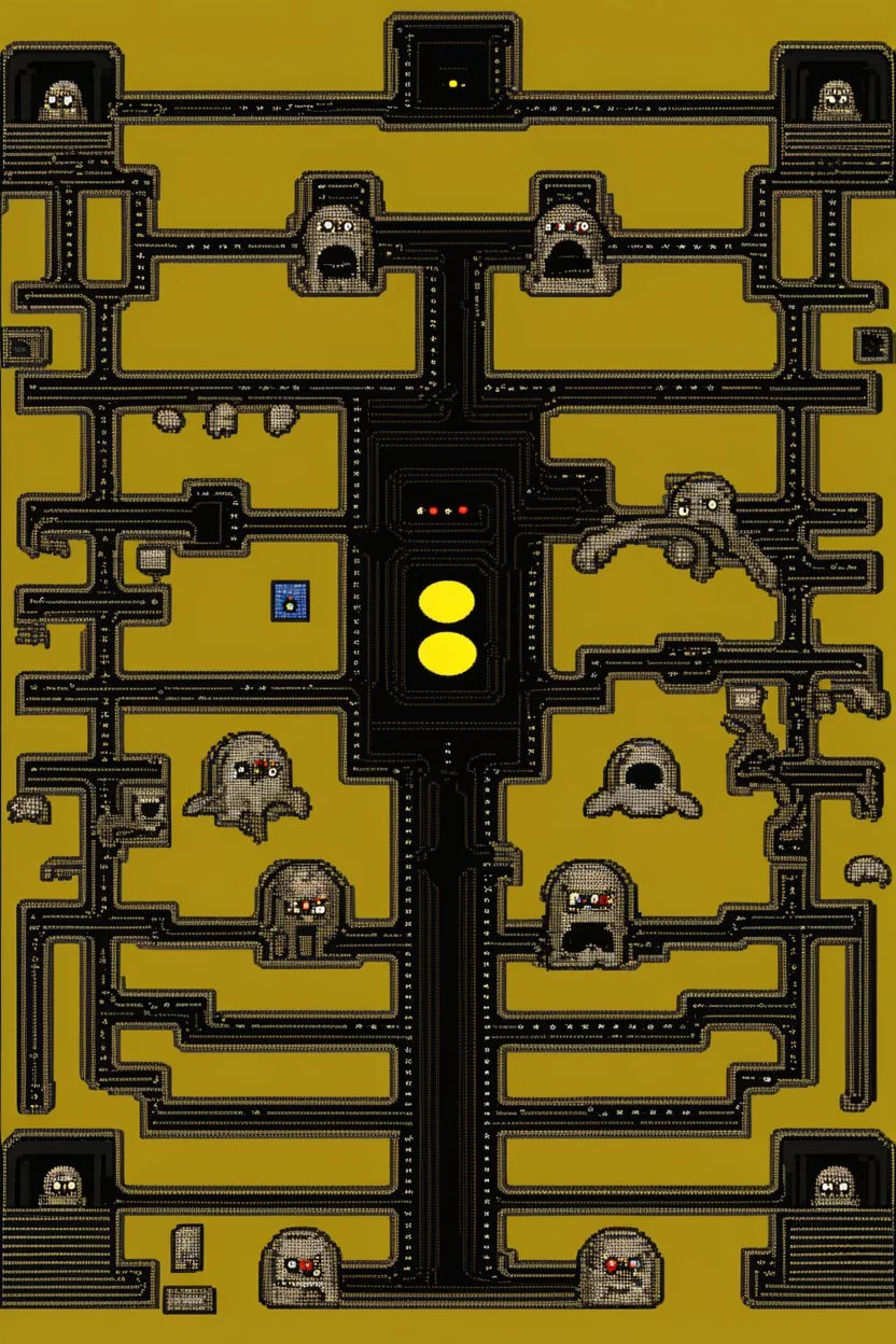 playfield of pac-man with ghosts in ascii art