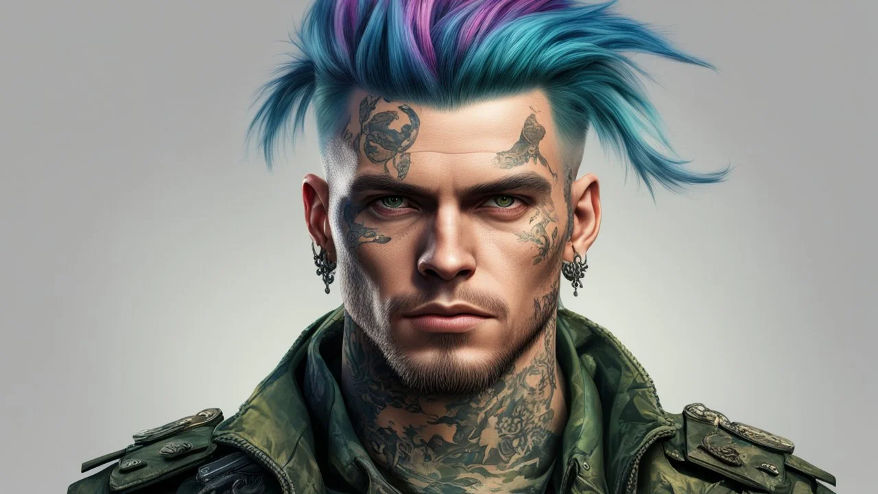 handsome Punk, Angel 35 years old, portrait, military clothing, mystical, bright colors, creative hairstyle, tattoo, piercing, photorealistic image, military, camouflage clothing, fine rendering, high detail, 8K