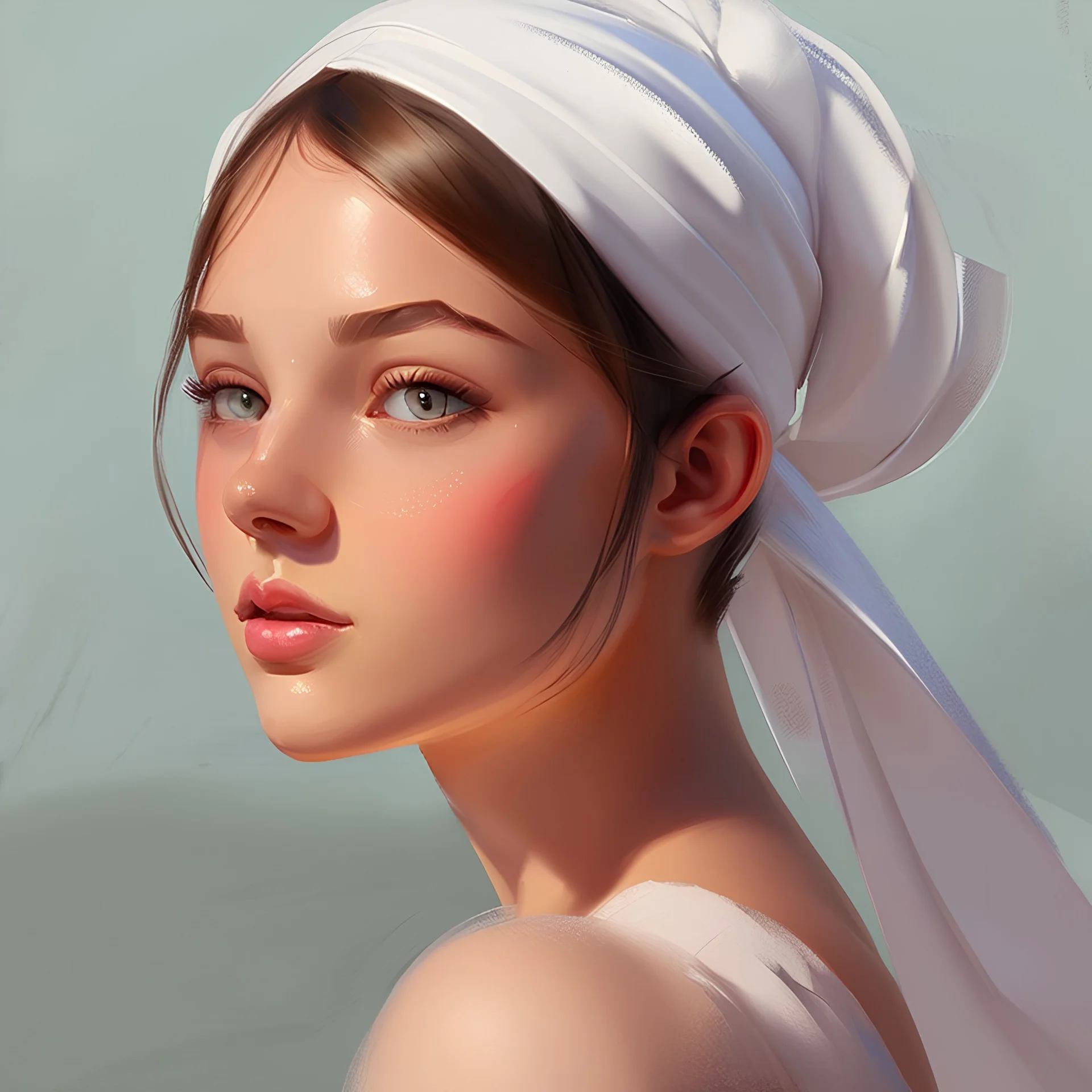 A beautiful and happy girl with a white headscarf painting in profile with a boomerang and painting tools