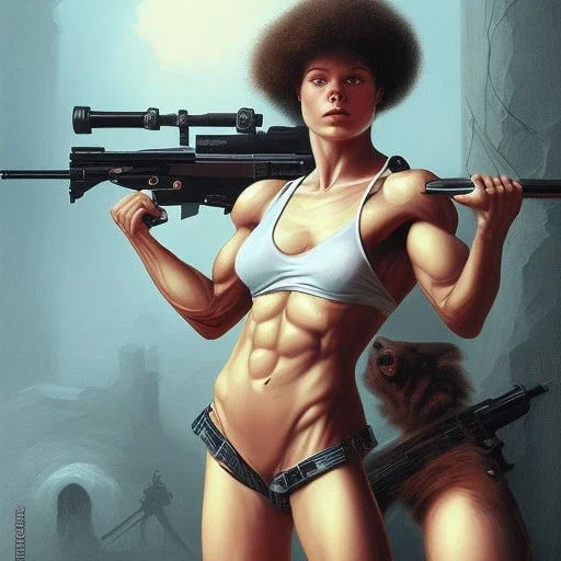 bodybuilder scared woman holding rifle gerald brom