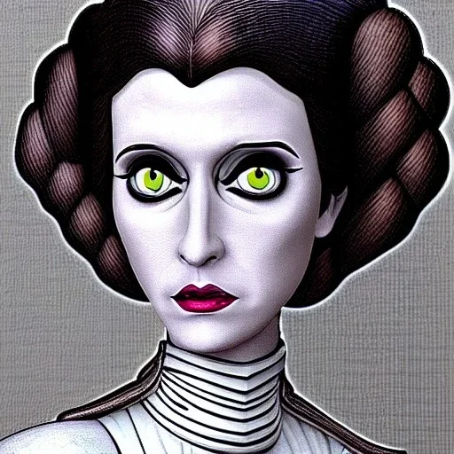 extrem tim burton style of princess leia, sharp focus,3D, ultra detailed, hazel iris