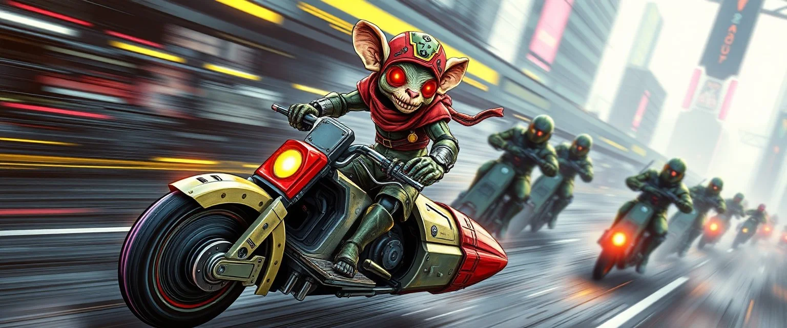 robotic ai pirate in the style of fallout 4 hi speed rocket ship on leaning scooter in a swing, coated rat gremlin captain in high speed pursuit among neon cyber soldiers, with background motion blur, airbrush and pen outline, in the style of Fallout 4 and Cyberpunk and GTA5
