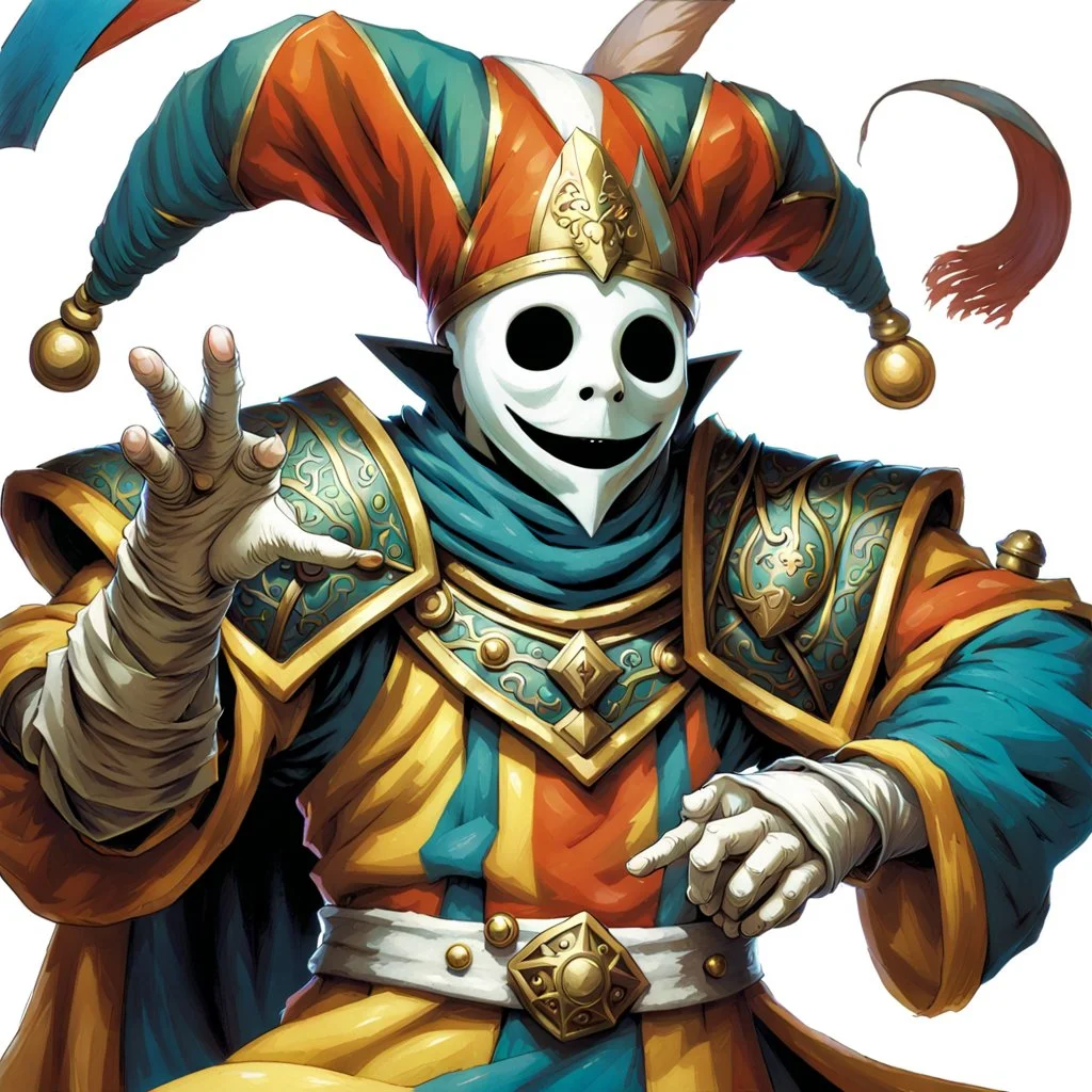 fantasy 90's tcg art jester with white mask happy heroic