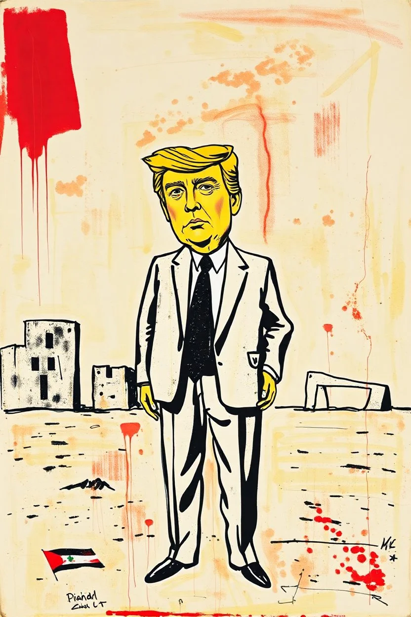 trump standing in gaza in the style of basqiat