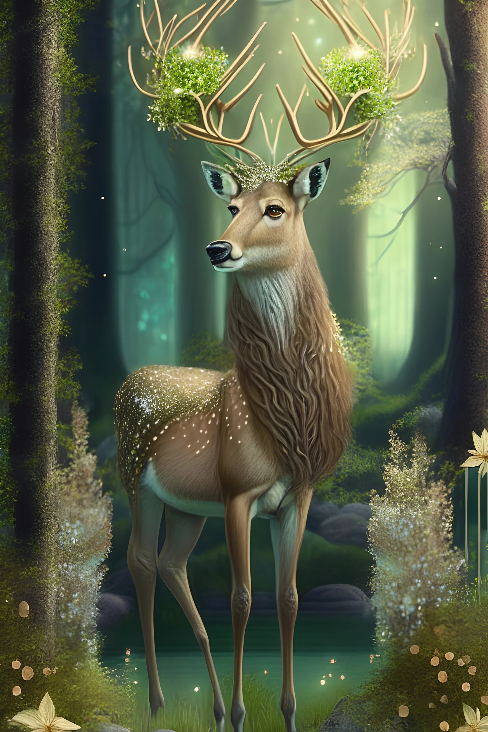 a handsome light brown deer with green rhinestones stands in a mythical garden with birch trees