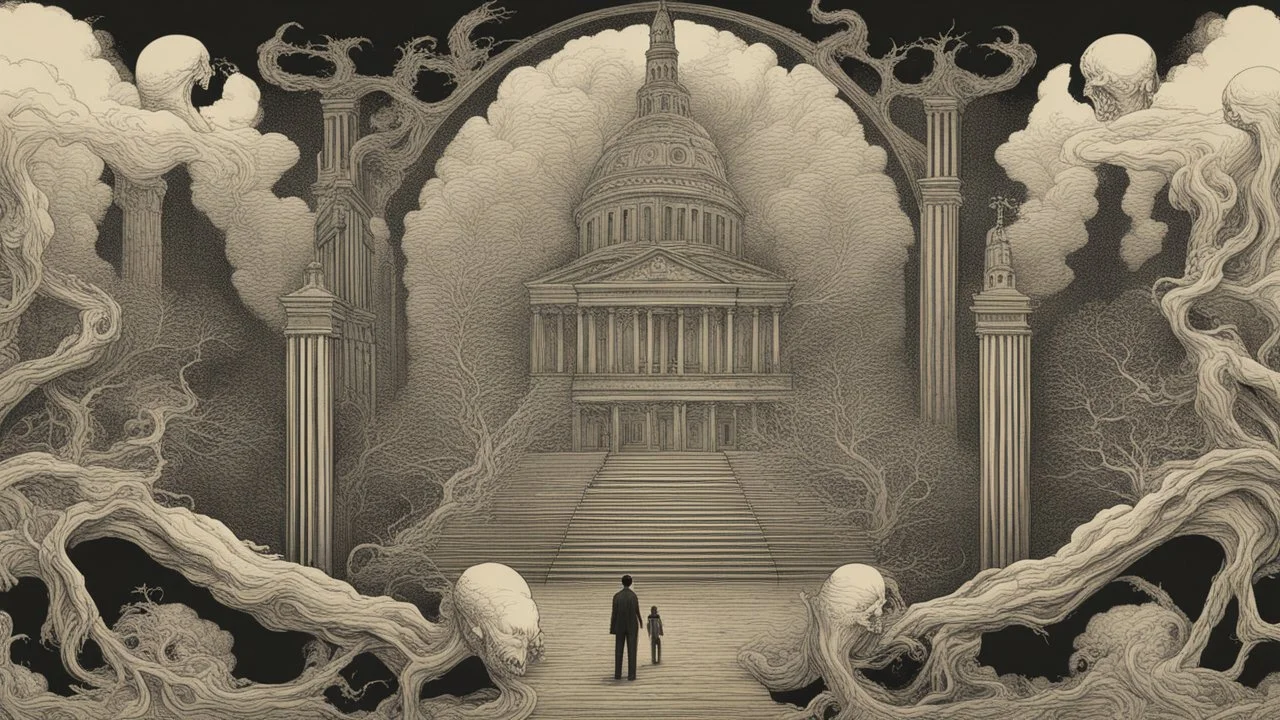 The eerie image exudes an aura of mystery and horror. It features a cryptic symbol centered around the concept of "The Hidden World Government." Dark, shadowy colors permeate the image, creating a stark contrast between light and darkness, evoking spine-chilling suspense. Carefully drawn details reveal hidden hands that draw attention, hinting at secrecy and the unseen forces that control the world. The ominous, darkened sky and an atmosphere tainted with mystery intensify the sense of horror a