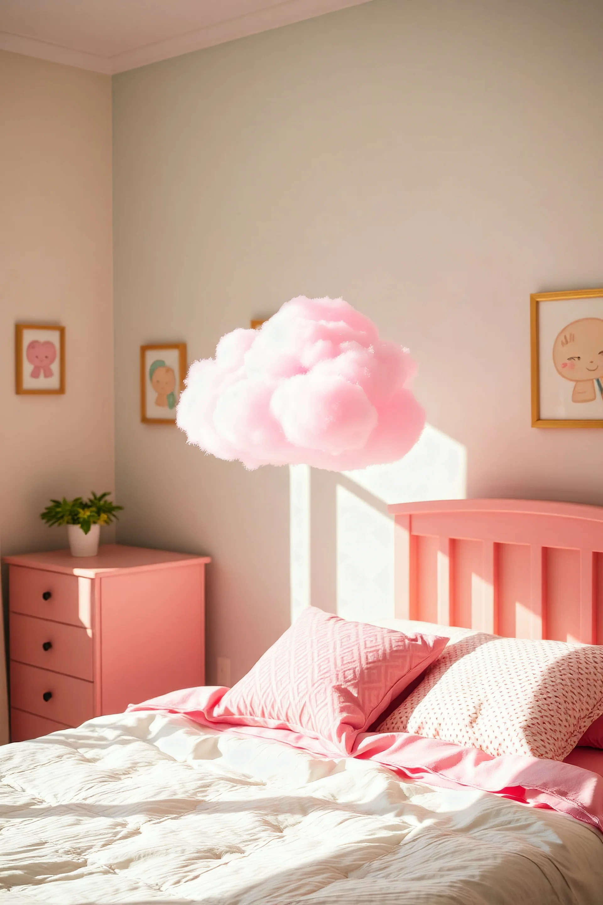A pink plastic cloud floating in the bedroom, sunny