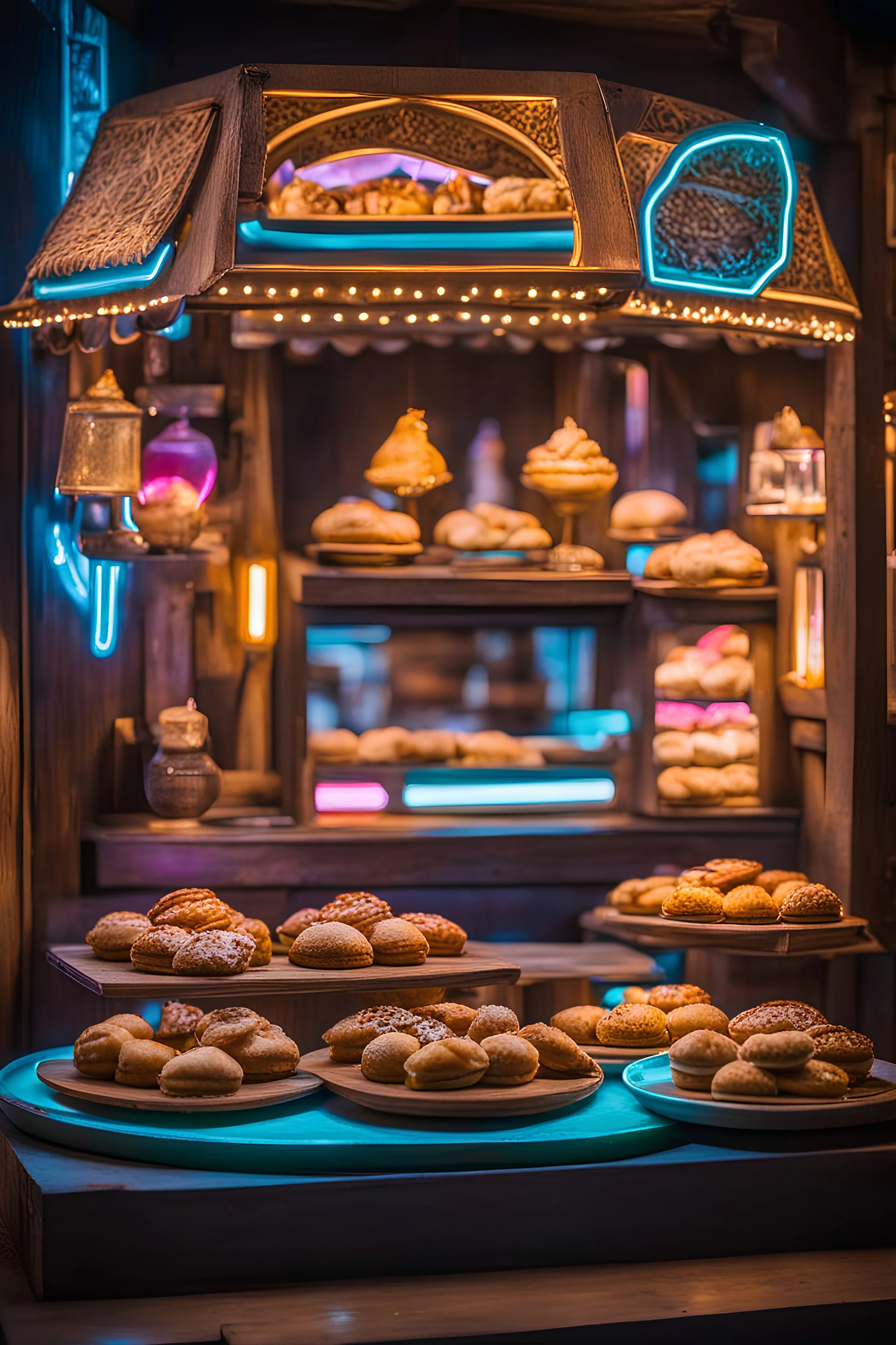 Middle Eastern Pastries in wood booth with neon led light